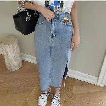 Женская летняя свободная сумка с высокой талией больших размеров, джинсовая юбка трапециевидной формы с разрезом по бокам 2XL чёрный