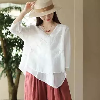 Женская летняя свободная тонкая блузка в китайском стиле с вышитыми пуговицами 5XL белый