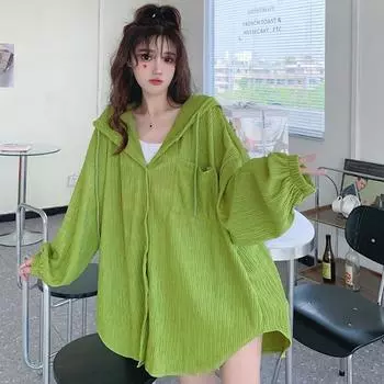 Женская летняя свободная тонкая простая рубашка с капюшоном от солнца 2XL белый