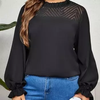 Женская летняя свободная тонкая рубашка с кружевным принтом, пуловер с круглым вырезом и длинными рукавами, однотонная повседневная рабочая дышащая легкая модная рубашка XL чёрный