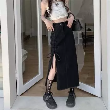 Женская летняя свободная юбка средней длины с высокой талией больших размеров, джинсовая юбка средней длины, повседневная полуюбка 5XL чёрный