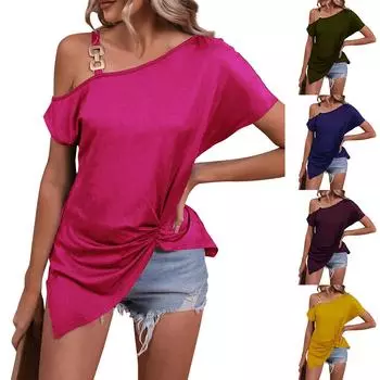 Женская летняя темпераментная футболка на одно плечо с коротким рукавом и неровной талией L армия зеленый