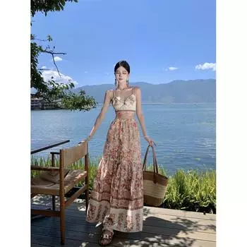 Женская летняя темпераментная майка с бретельками и юбкой с лямкой на бретельках для отдыха на море S оранжевый