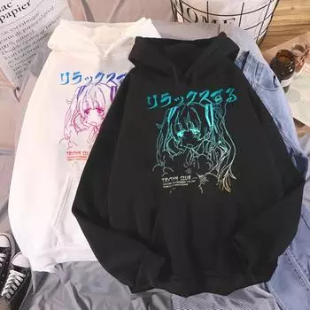 Женская летняя толстовка Kawaii в стиле панк, 2022, корейский и японский стиль Харадзюку, свободный пуловер с длинными рукавами и принтом аниме, одежда XS чёрный