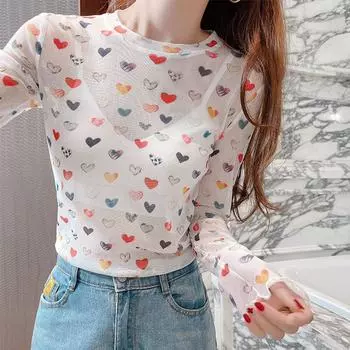 Женская летняя тонкая футболка Love Ice Silk Sunscreen Primer с длинным рукавом и дышащей сеткой с круглым вырезом S