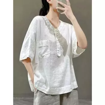 Женская летняя тонкая футболка с V-образным вырезом и короткими рукавами, однотонный повседневный пуловер в стиле ретро 4XL белый