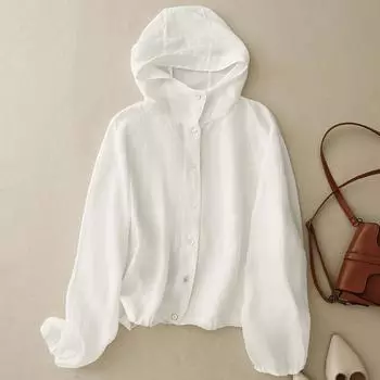 Женская летняя тонкая хлопковая и льняная короткая куртка, свободный кардиган с капюшоном и длинными рукавами, солнцезащитный кардиган XXL белый