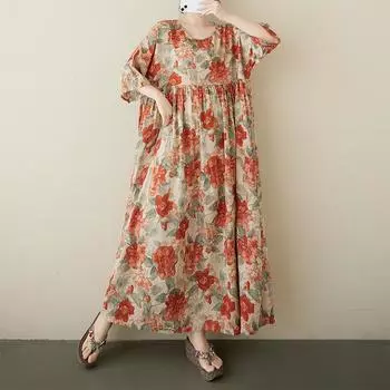 Женская летняя тонкая хлопковая и льняная юбка с круглым вырезом и короткими рукавами в стиле ретро с цветочным принтом в стиле бохо One size оранжевый