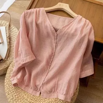 Женская летняя тонкая хлопковая рубашка с V-образным вырезом, простая литературная свободная куртка 3XL белый