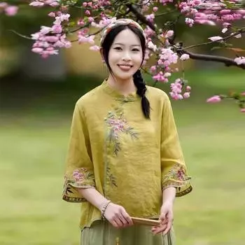 Женская летняя тонкая китайская повседневная рубашка в китайском стиле с косыми лацканами и вышитыми пуговицами 4XL белый
