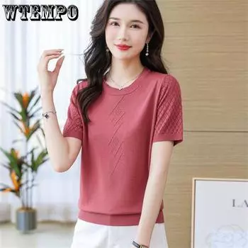 Женская летняя тонкая однотонная трикотажная футболка Hollow Ice Silk с коротким рукавом, новый модный топ с круглым вырезом S