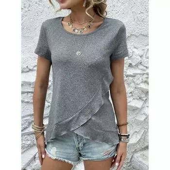 Женская летняя тонкая повседневная однотонная футболка с короткими рукавами и рюшами S серый/чёрный