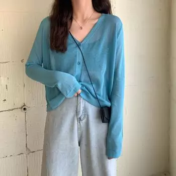 Женская летняя тонкая трикотажная рубашка, топ, кардиган, v-образный вырез, длинный рукав, однобортный солнцезащитный крем, свободный однотонный цвет One Size чёрный