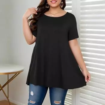 Женская летняя трендовая футболка с коротким рукавом и круглым вырезом большого размера 1XL чёрный