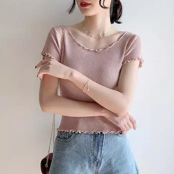 Женская летняя трикотажная футболка из ледяного шелка, топы с коротким рукавом, тонкий воротник в виде листьев гриба, высокая талия, однотонный цвет, крутой One Size бежевый