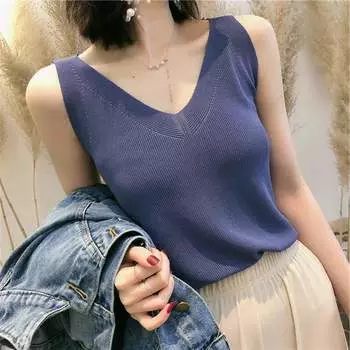 Женская летняя трикотажная кофточка из шелка Ice Silk, свободная короткая базовая рубашка с V-образным вырезом, корейская версия, топ Tide One size