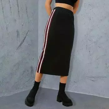 Женская летняя трикотажная юбка средней длины средней длины с поясом темперамента S чёрный