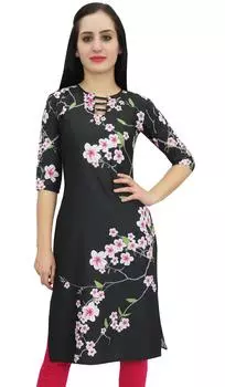 Женская летняя туника с цветочным принтом Bimba Black Moss Georgette Kurti 14 чёрный