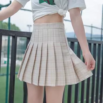 Женская летняя юбка 2025 года с высокой талией и складками в клетку — А-силуэт в стиле колледжа, большой размер, черная XL