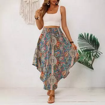 Женская летняя юбка А-силуэта с высокой талией, экзотического стиля, на кулиске, с принтом, неровного кроя XS