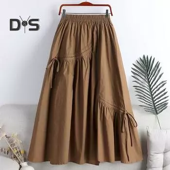Женская летняя юбка, эластичная плиссированная юбка с высокой талией, однотонная юбка трапециевидной формы с нерегулярным шнурком и большим подолом XL кофейный