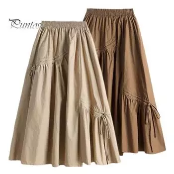 Женская летняя юбка, эластичная плиссированная юбка с высокой талией, однотонная юбка трапециевидной формы с нерегулярным шнурком и большим подолом XL хаки