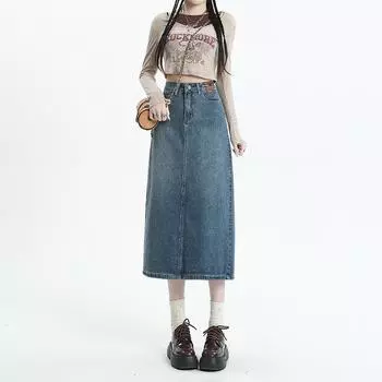 Женская летняя юбка-бюстье из кожи с высокой талией и разрезом, А-силуэта, универсальная, удобная, модная, джинсовая юбка-бюстье S джинсовый