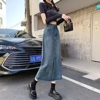 Женская летняя юбка-бюстье с разрезом спереди и высокой талией, прямого покроя, телесного цвета, средней длины, универсальная, удобная, модная, джинсовая юбка-бюстье S джинсовый
