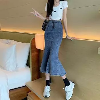 Женская летняя юбка-бюстье с высокой талией, тонкая, эластичная, средней длины, с оборками и разрезом, универсальная, удобная, модная, джинсовая юбка-бюстье S синий