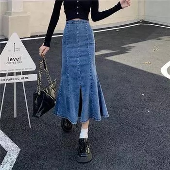 Женская летняя юбка-бюстье с высокой талией и эластичным поясом в стиле Гонконга, юбка-бюстье средней длины с открытым дизайном и вилкой Sense, модная джинсовая юбка-бюстье S синий