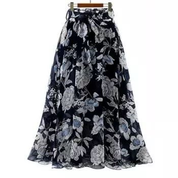Женская летняя юбка-бюстье средней длины с цветочным принтом из шифона Design Temperament 5XL чёрный