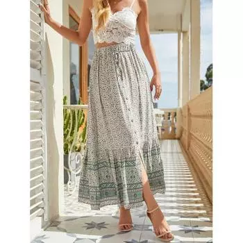 Женская летняя юбка-халтер с высокой талией и принтом, пряжкой и разрезом S красный