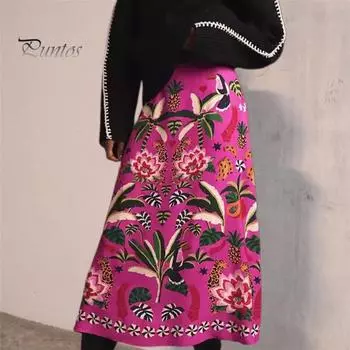 Женская летняя юбка-миди с принтом тропических растений, яркая цветная юбка с высокой талией, Ретро-трапеция с высокой талией, рабочая юбка для отдыха, уличная одежда L розы красного