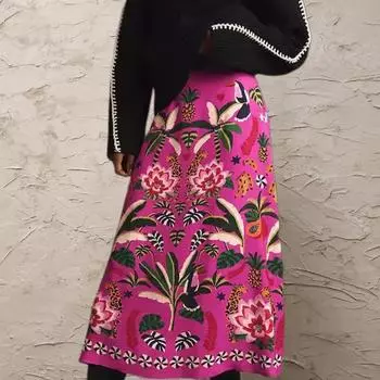Женская летняя юбка-миди с принтом тропических растений, яркая цветная юбка с высокой талией, Ретро-трапеция с высокой талией, рабочая юбка для отдыха, уличная одежда L розы красного