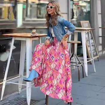 Женская летняя юбка с высокой талией и кисточками на шнуровке, длинная в богемном стиле с цветочным принтом и рюшами, сшитая подол, вечерние XL зелёный