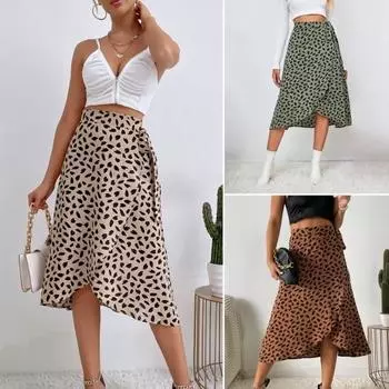 Женская летняя юбка с высокой талией и разрезом на шнуровке с принтом, нерегулярный подол, платье длиной до колена, летняя юбка-миди трапециевидной формы, женская одежда M хаки