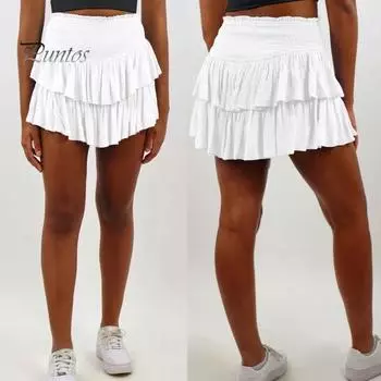Женская летняя юбка с высокой талией, широкая плиссированная эластичная поясная короткая юбка, однотонная многослойная клубная коктейльная юбка с рюшами M хаки