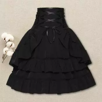 Женская летняя юбка, стильная юбка с высокой талией, юбка для выступлений, перекрестная шнуровка, сценическая ретро-дворцовая однотонная многослойная юбка S чёрный