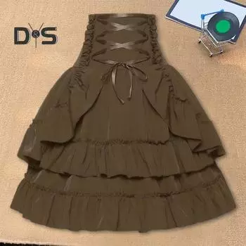 Женская летняя юбка в стиле ретро, дворцовый стиль, высокая талия, перекрестная шнуровка, юбка для выступлений на сцене, однотонная многослойная юбка с рюшами M чёрный