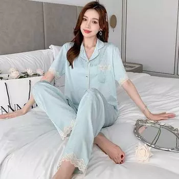 Женская летняя удобная домашняя одежда из ледяного шелка, комплект из 2 предметов, короткие рукава, длинные брюки, кружевная пижама, женская домашняя одежда высокого класса на весну и осень M