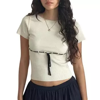 Женская летняя укороченная футболка с черной линией и лентой, топы с короткими рукавами и круглым вырезом, уличная одежда S хаки