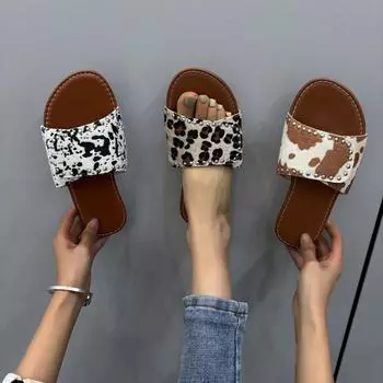 Женская летняя уличная обувь, тапочки большого размера, женские леопардовые с круглым носком, на липучке, простые сандалии на плоской подошве для отдыха, тапочки на плоской подошве 36