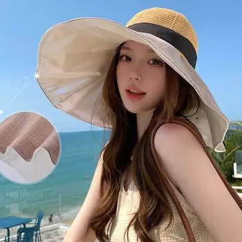 Женская летняя уличная солнцезащитная шляпа с черным клеем, солнцезащитная шляпа с большими полями, пляжная рыбацкая шляпа с закрытым лицом хаки