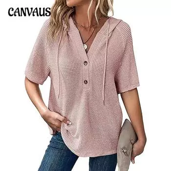 Женская летняя вафельная трикотажная кофта с коротким рукавом, легкая толстовка с капюшоном на пуговицах и V-образным вырезом S чёрный