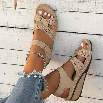 Женская летняя верхняя одежда, обувь большого размера, дышащие нескользящие повседневные сандалии с открытым носком и открытым носком, одно слово, с пряжкой, женская обувь для мам 35 бежевый
