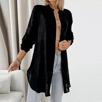 Женская летняя весенняя рубашка с длинным рукавом, модная повседневная одежда, рубашка, топ L чёрный
