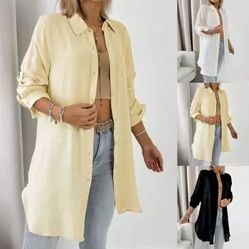 Женская летняя весенняя рубашка с длинным рукавом, модная повседневная одежда, рубашка, топ L чёрный