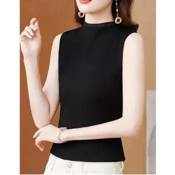 Женская летняя вязаная однотонная майка без рукавов с половиной высоким воротником one size абрикосовый