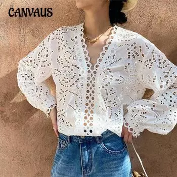 Женская летняя вышивка мода новый дизайн Sense длинный рукав топ S бежевый