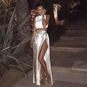 Женская летняя высокая элегантная повседневная юбка до половины тела с высоким разрезом и пайетками S белый